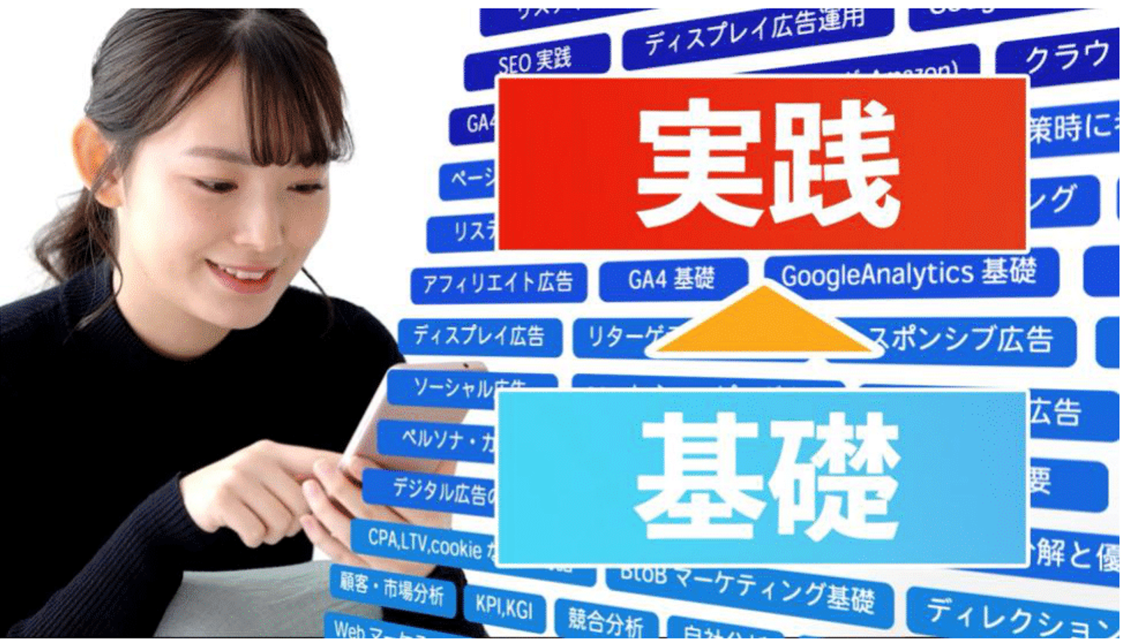 基礎から実践へのステップを示す女性の写真